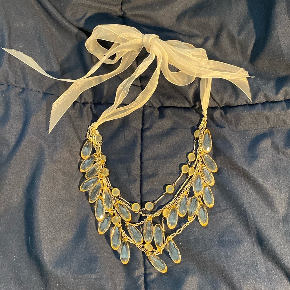Talbots multi-layered statement necklace with glass-like beads, organza tie.